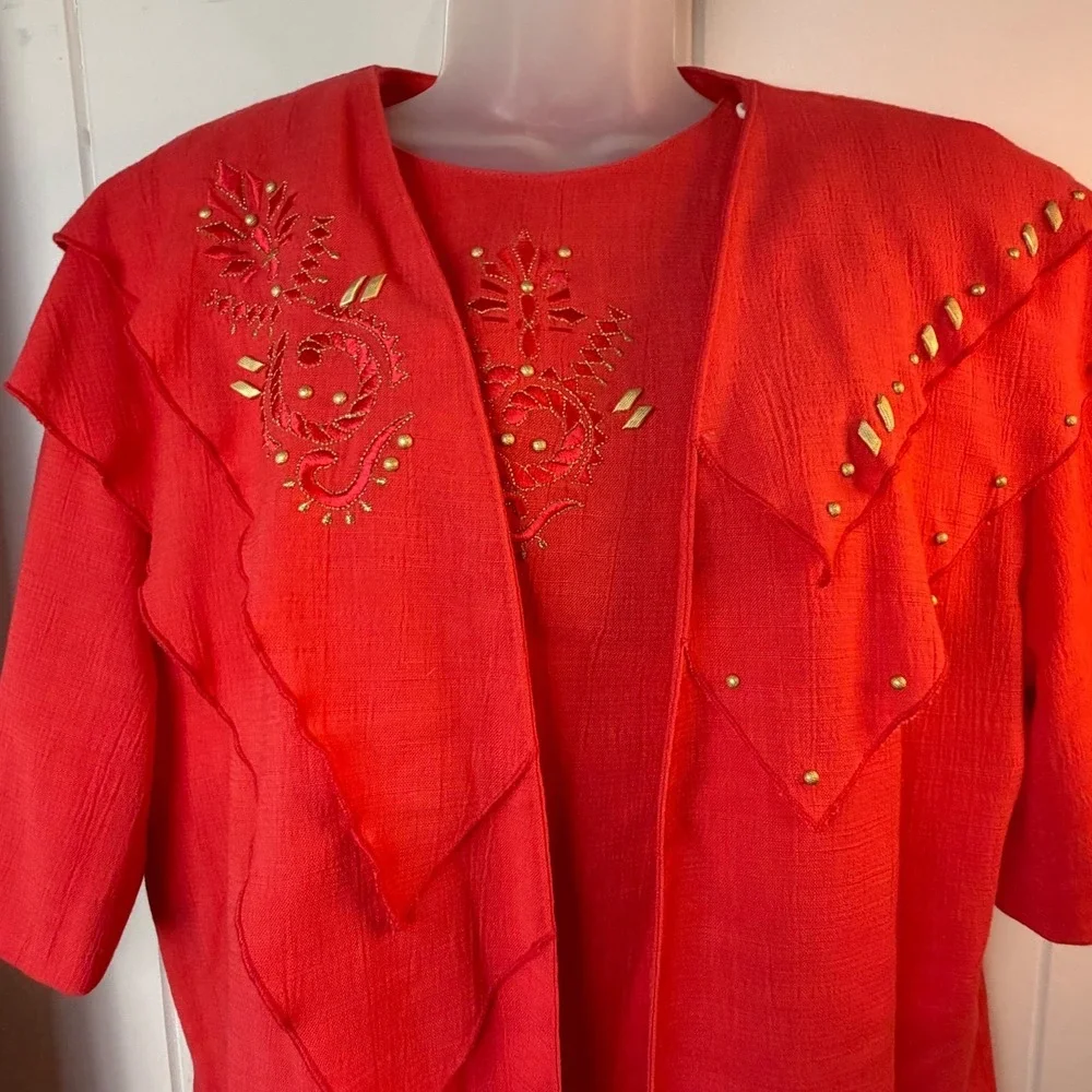 Vintage New City Girl Nancy Bolen Red/Orange 2PC Blouse Blazer Set Large Women's